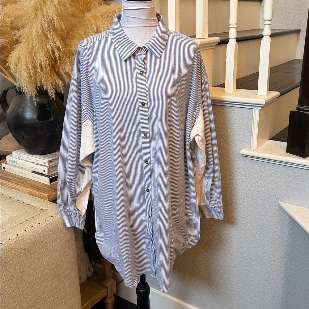 Free People Intimately Oversized Blue White Striped Button Down Shirt L
